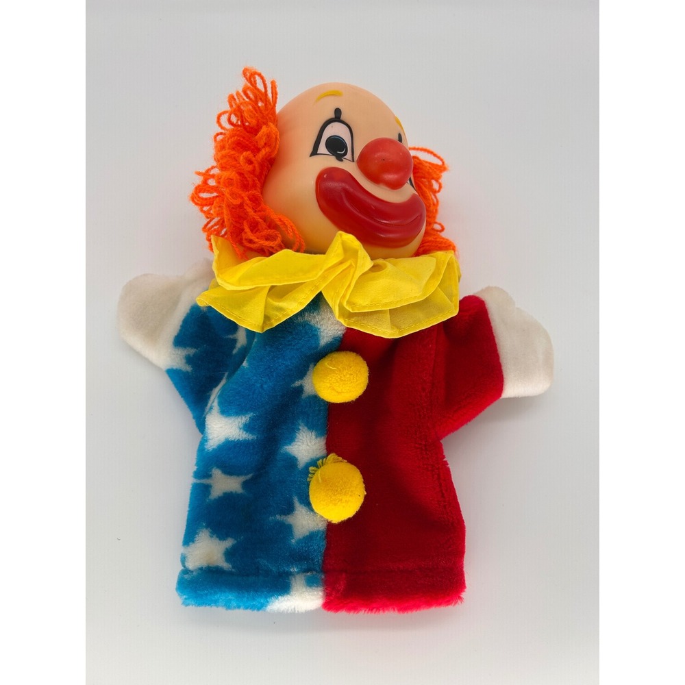 Vintage 1985 Dakin Reversible Clown Hand Puppet Happy Sad Face Stars Stripes 10"